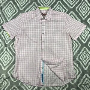 Robert Graham Shirt Mens Large Pink White Gingham Short Sleeve Tailored